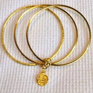3 ,Gold plated,bangle bracelets w/a Chinese pendant
